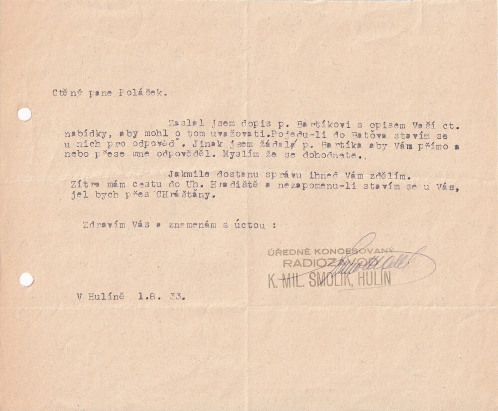 Účet, Radiozávod, Hulín, 1933