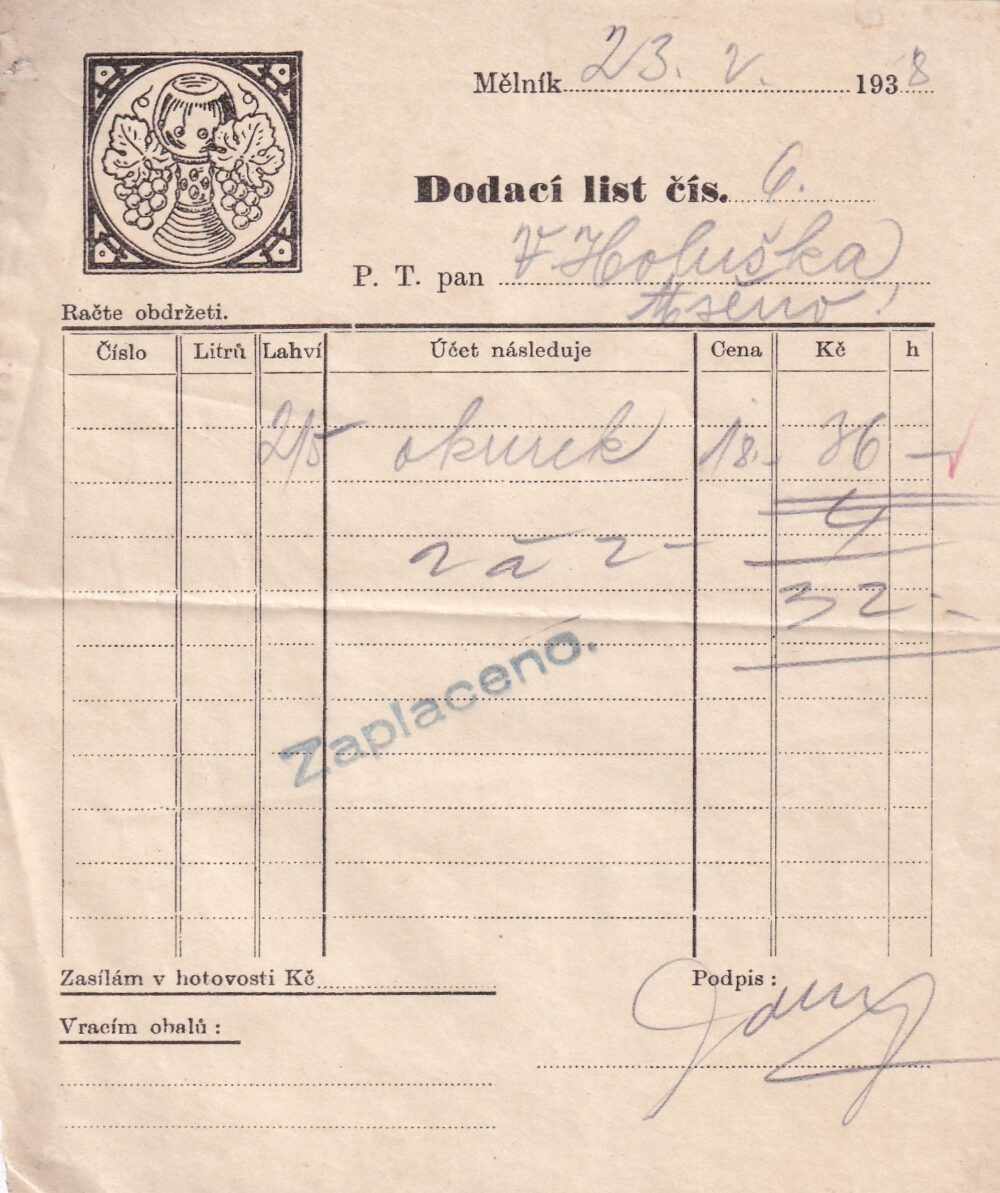 Účet, Dodací list okurek, Mělník, 1938