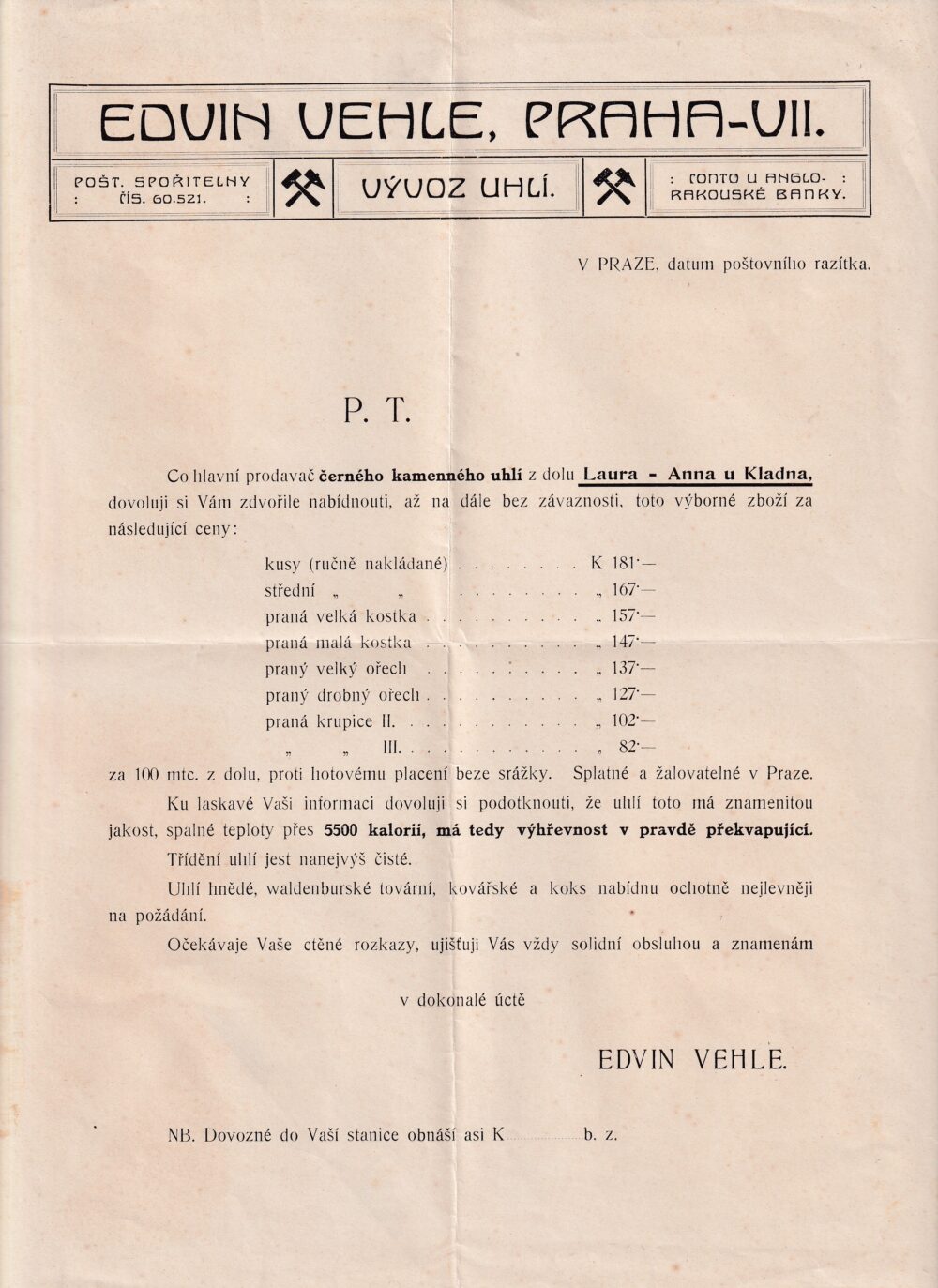 Účet, Vývoz uhlí, Edvon Vehle, Praha
