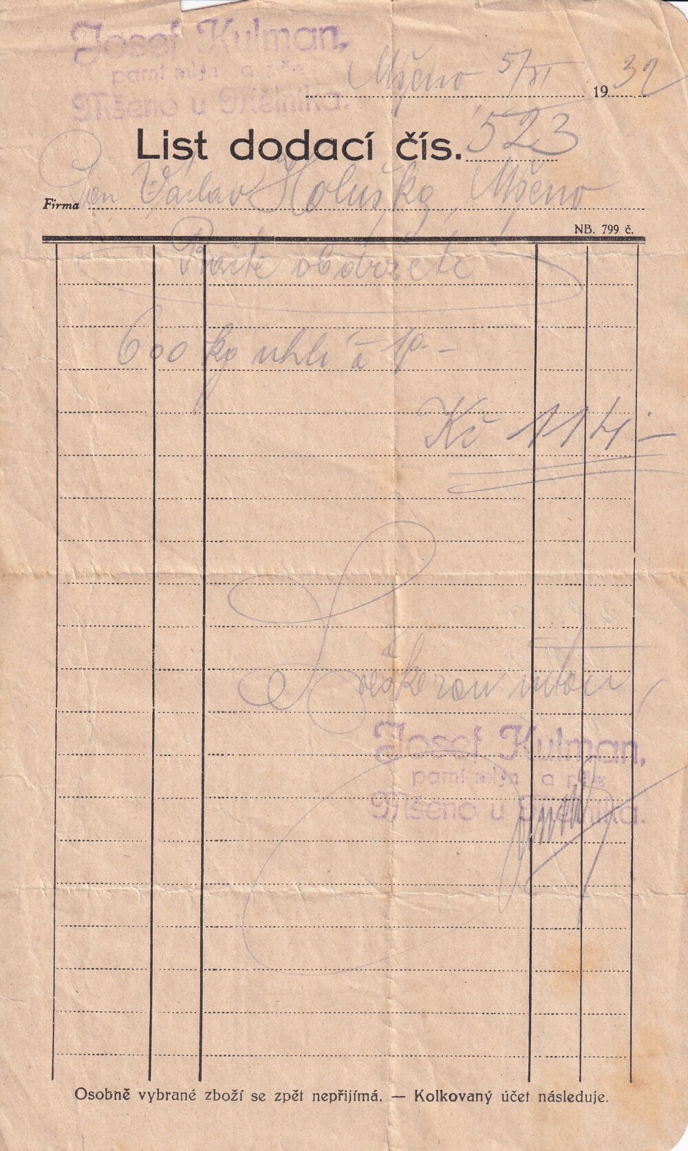 Účet, Parní mlýn a pila, Mšeno u Mělníka, 1932