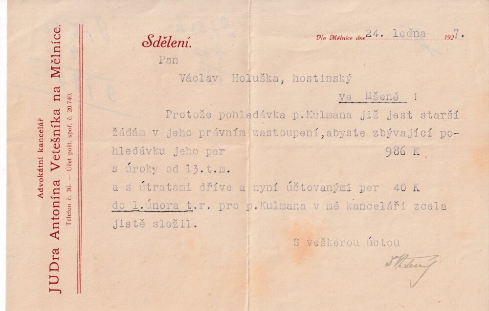 Účet, Advokátní kancelář, Mělník, 1927