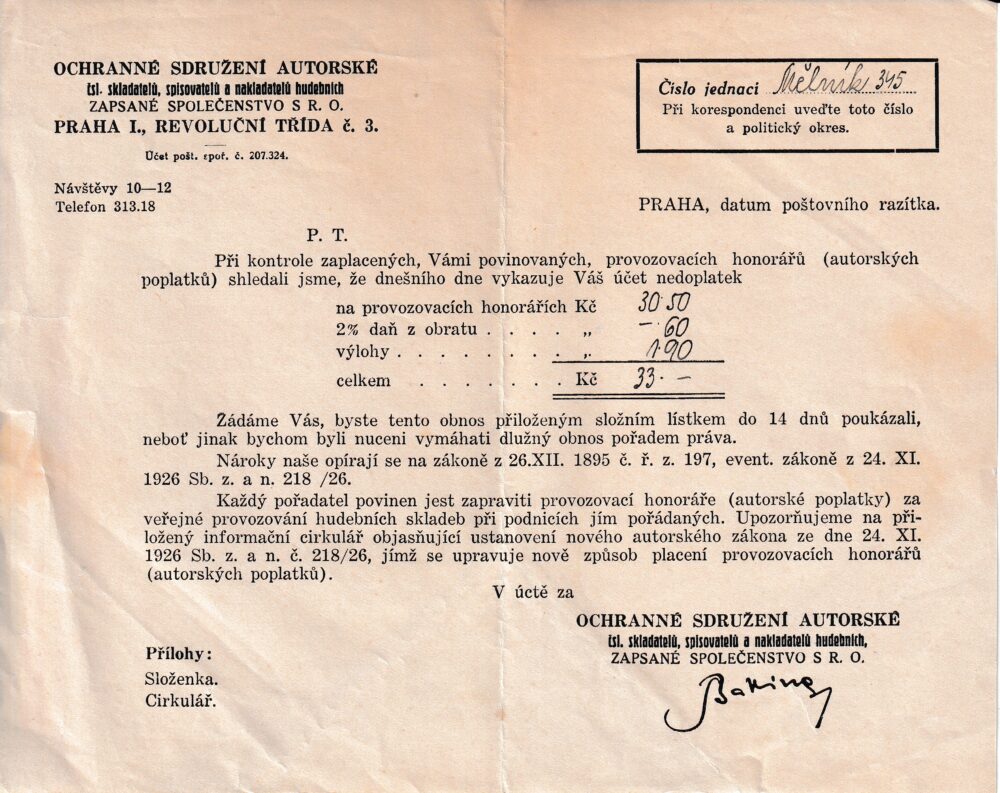 Účet, Ochranné sdružení autorské, Mělník