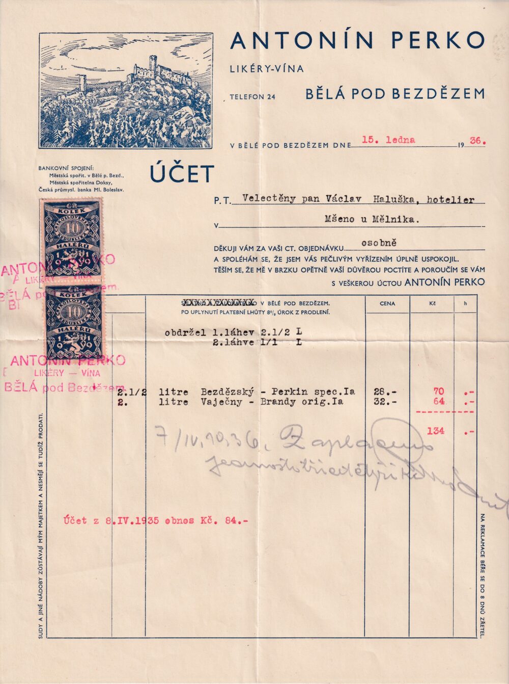 Účet, Likéry-vína, Bělá pod Bezdězem, 1936