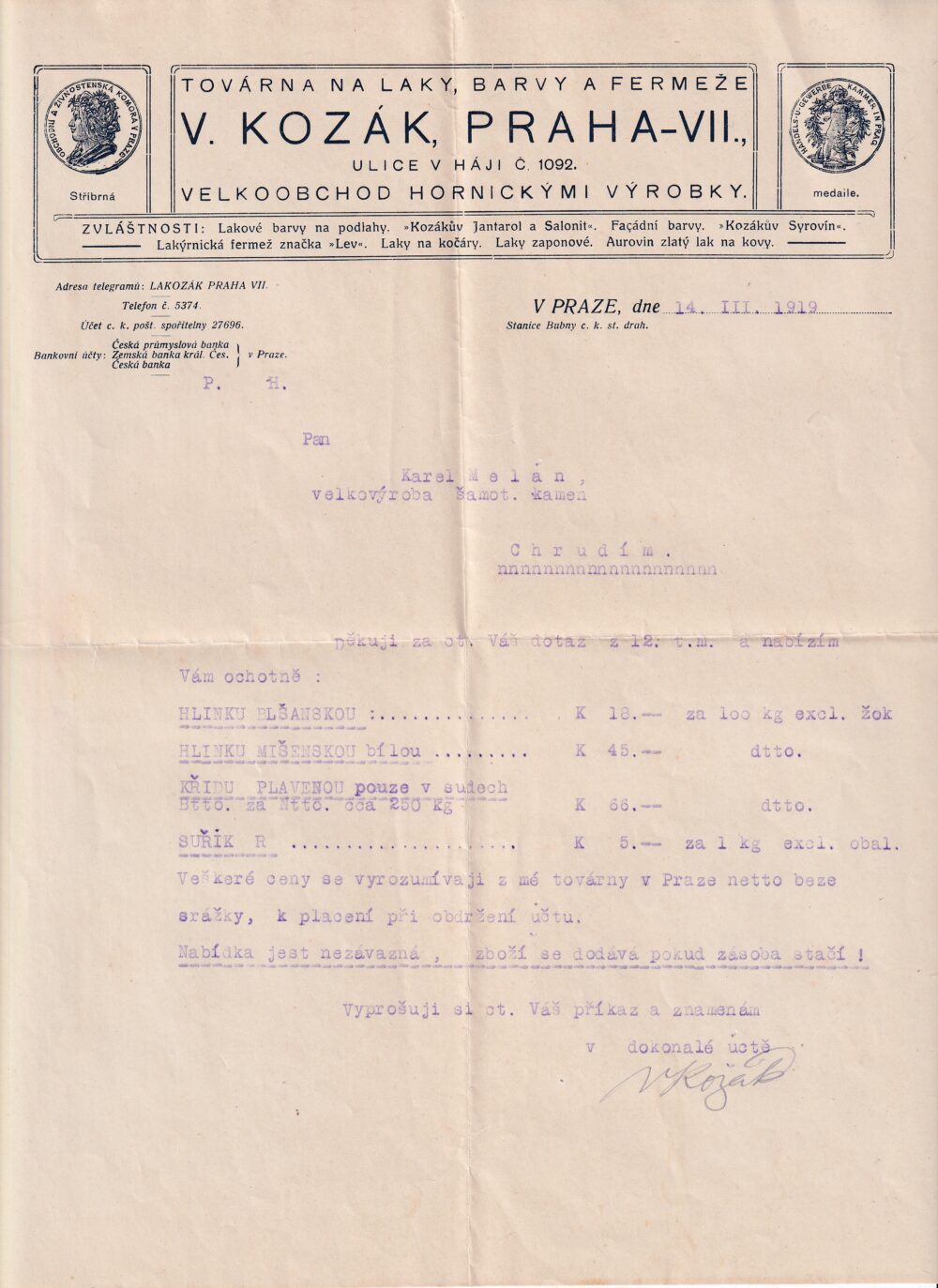 Účet, Velkoobchod – hornické výrobky, 1919