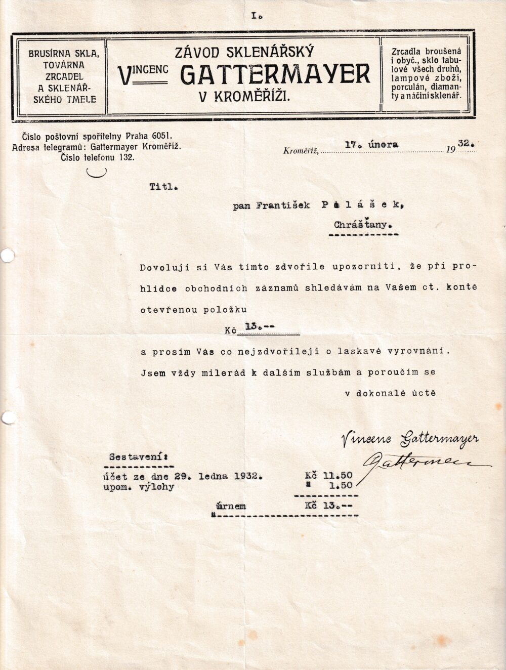 Účet, Závod sklenářský, Kroměříž, 1932