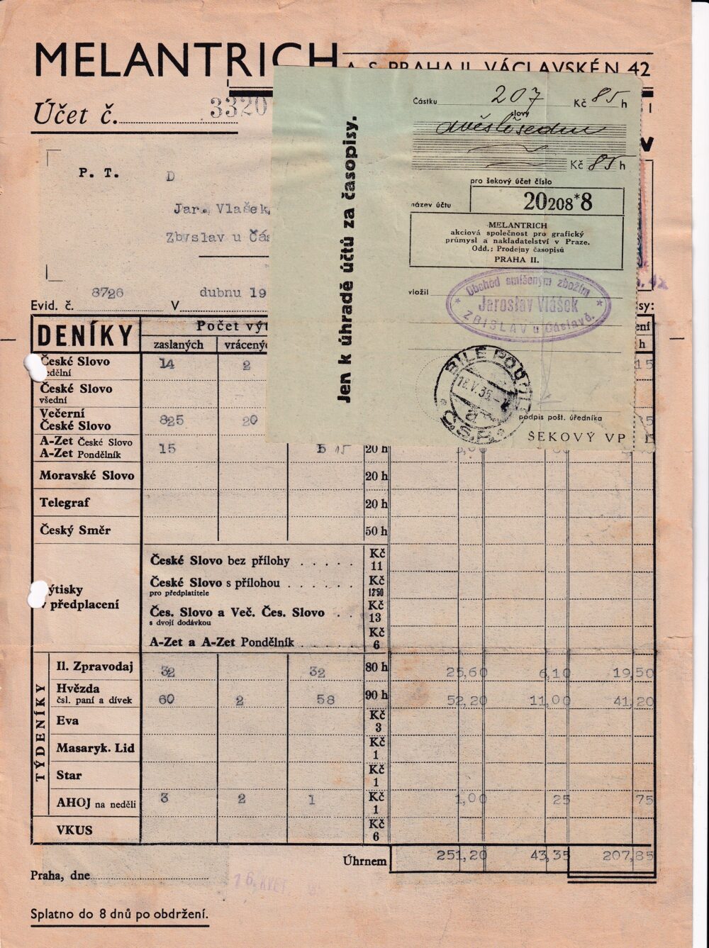 Účet, Obchod smíšený, Zbislav u Čáslavě, 1935