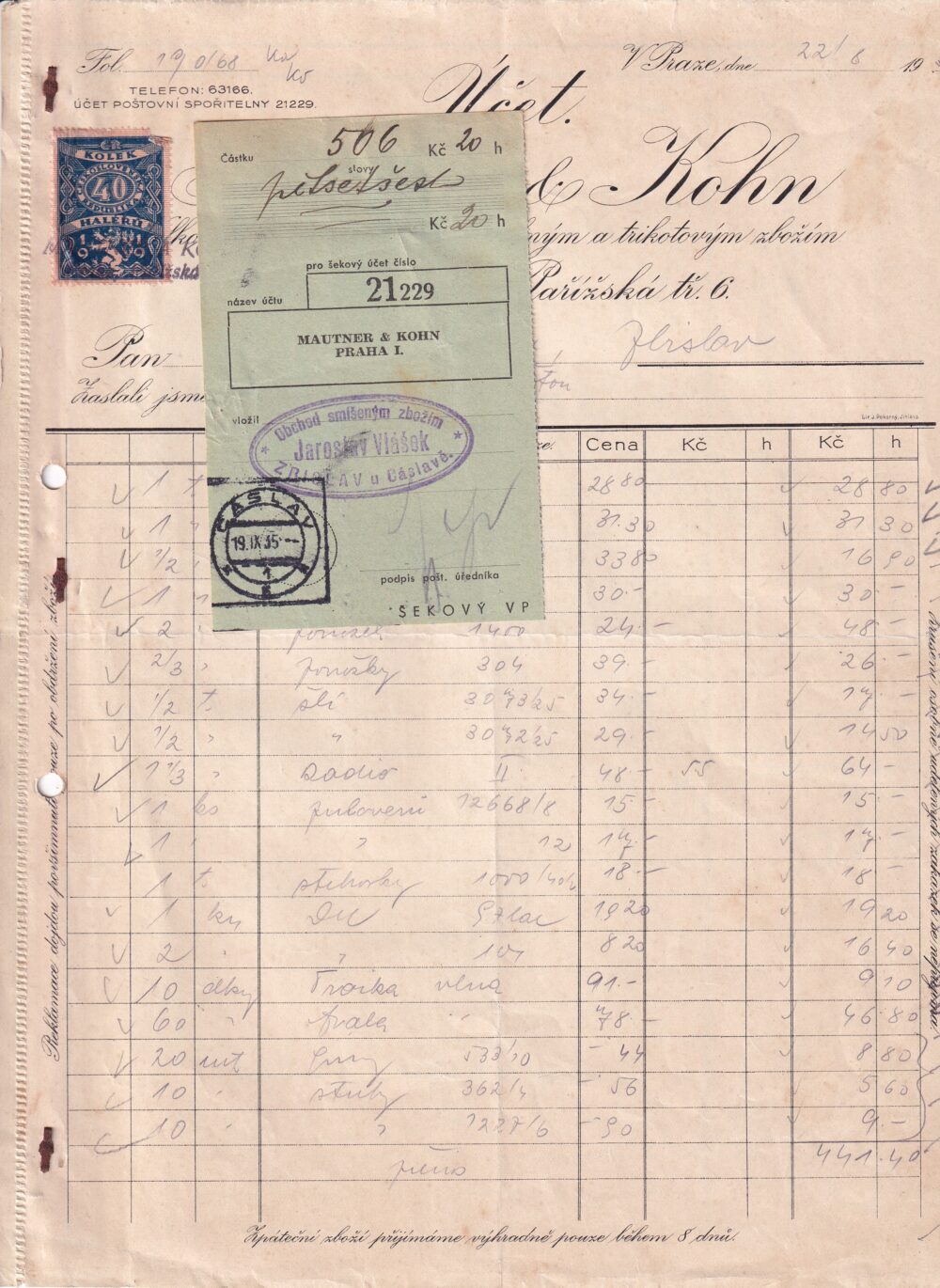 Účet, Galanterie, ozdobné zboží, Praha, 1935