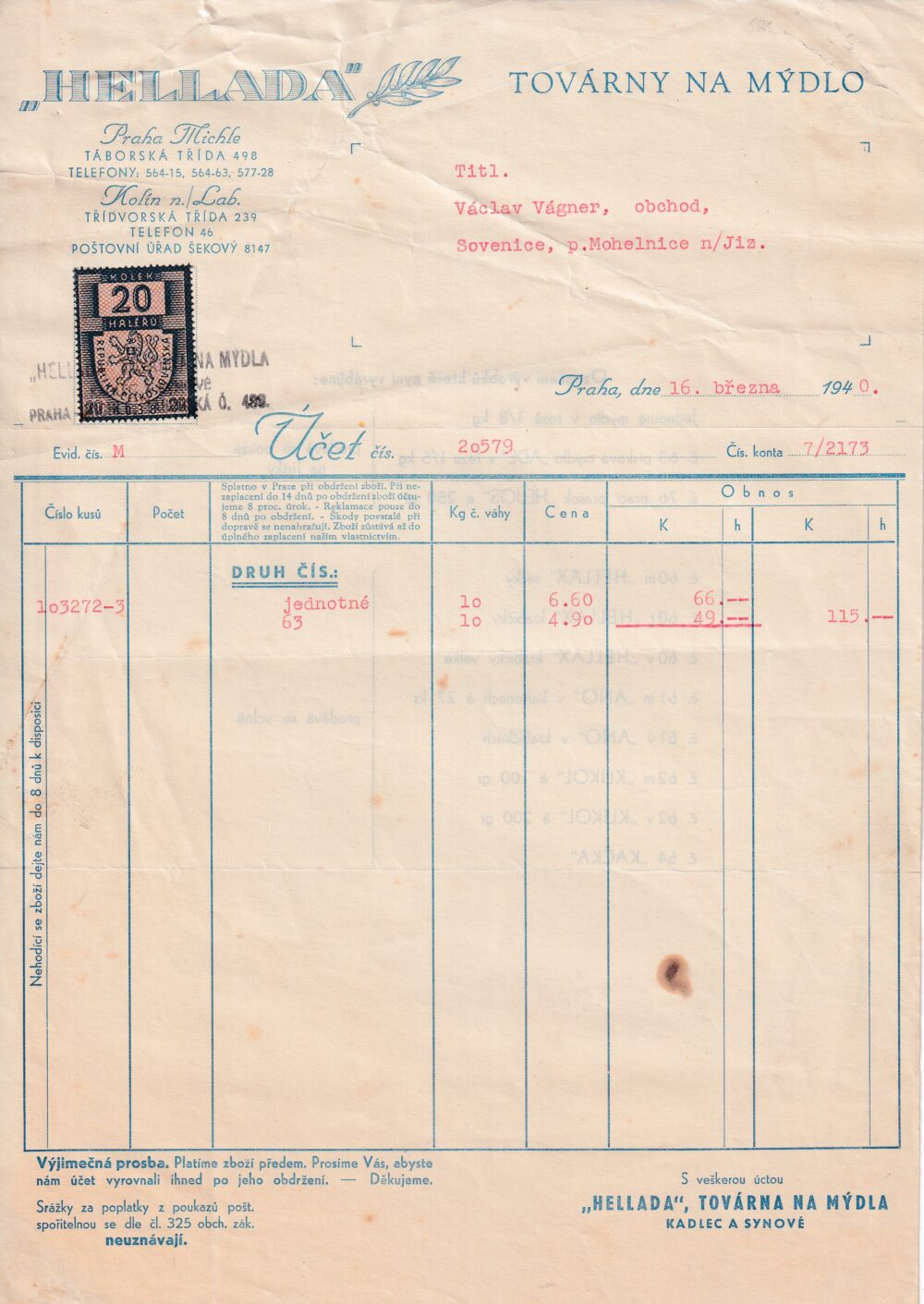 Účet, Továrny na mýdlo, Hellada, Praha, 1940