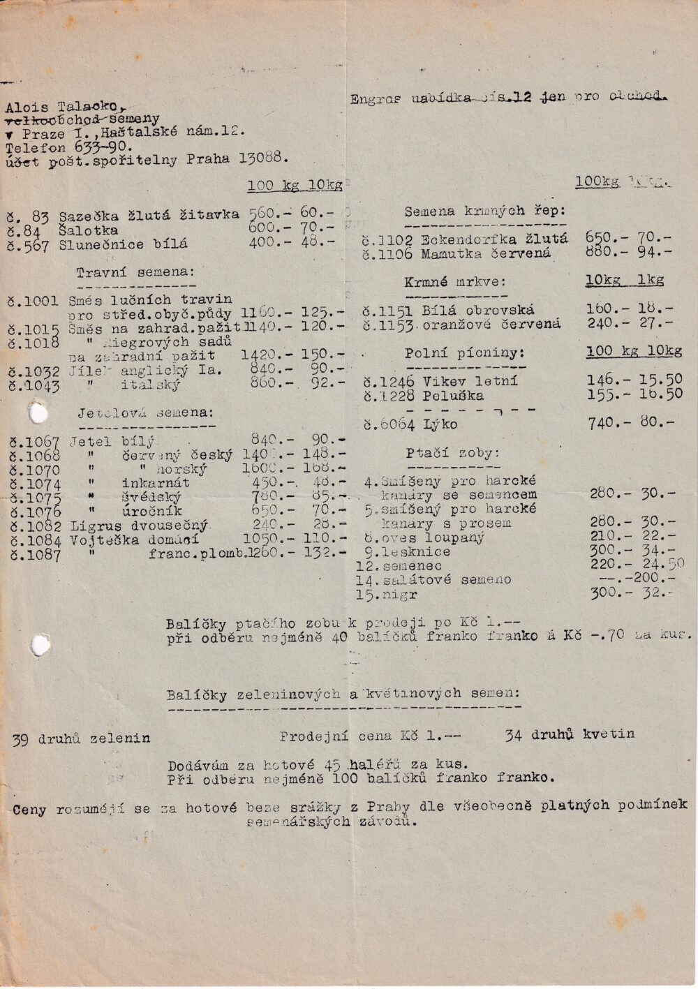Účet, Velkoobchod semeny, Praha