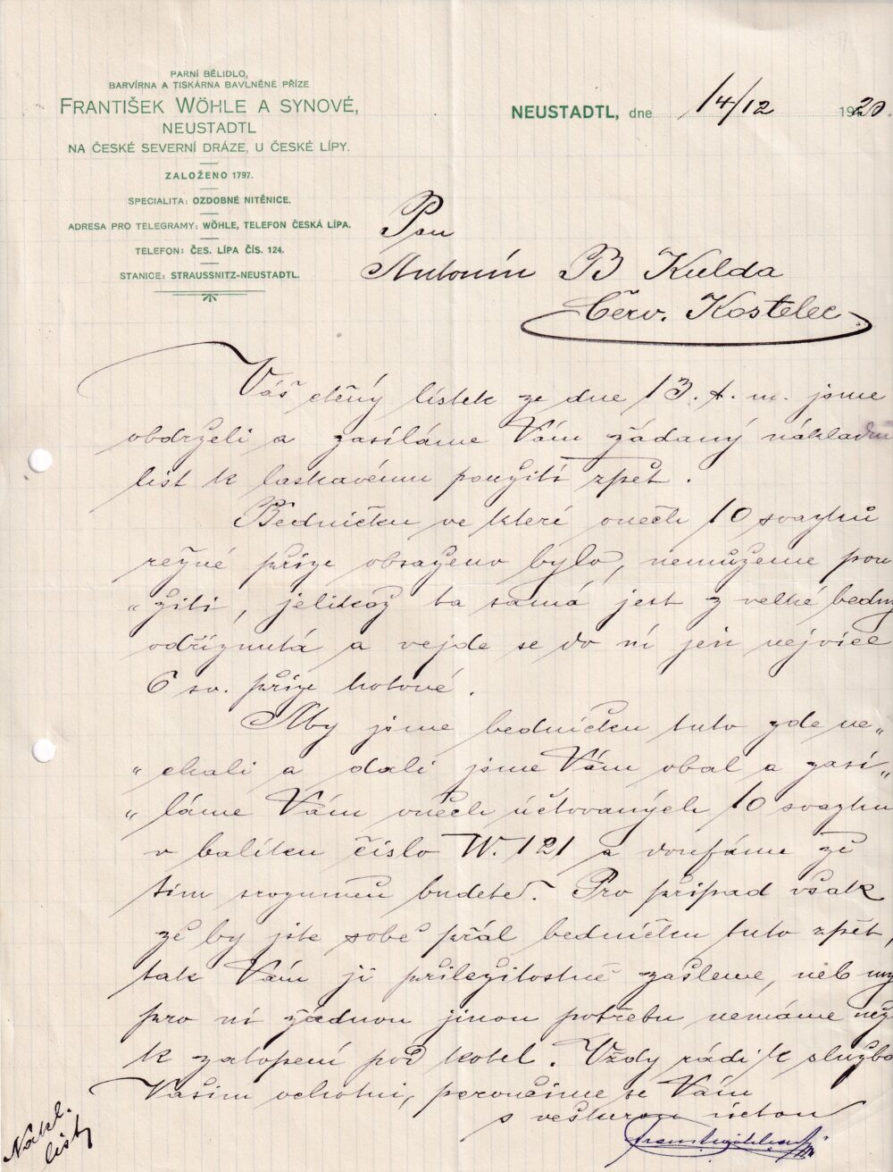 Účet, Barvírna a tiskárna bavlněné příze, 1920