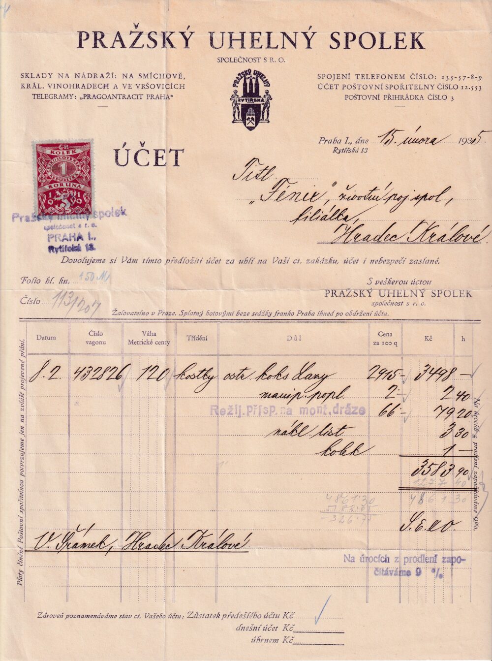 Účet, Pražský uhelný spolek, Praha, 1935