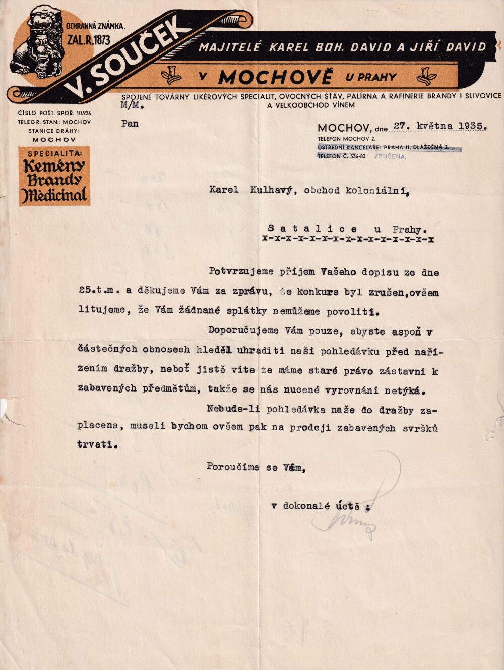 Účet, Obchod koloniální, Satalice u Prahy, 1935