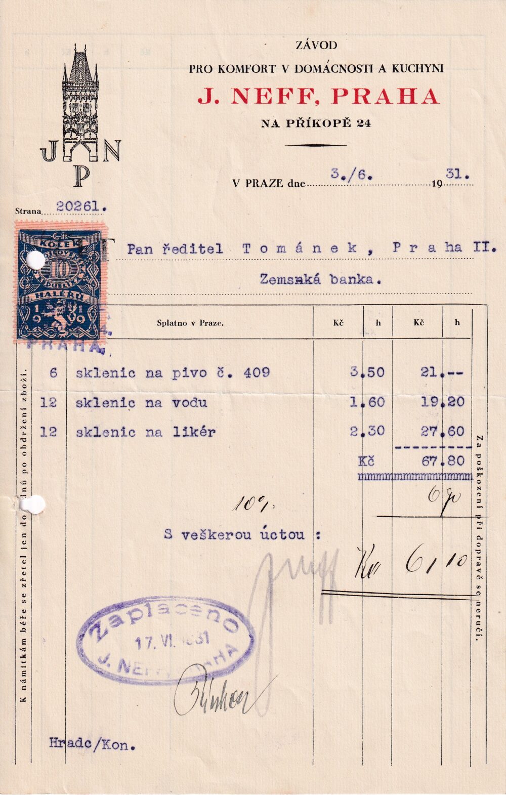 Účet, Domácí potřeby, Praha, 1931