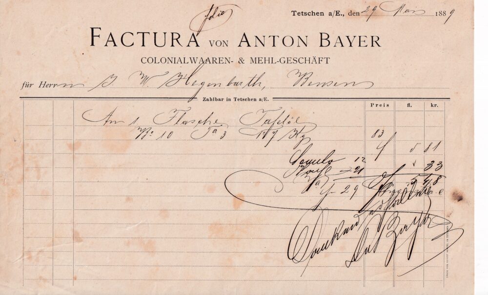 Účet, Obchod koloniální, Čechy, 1889