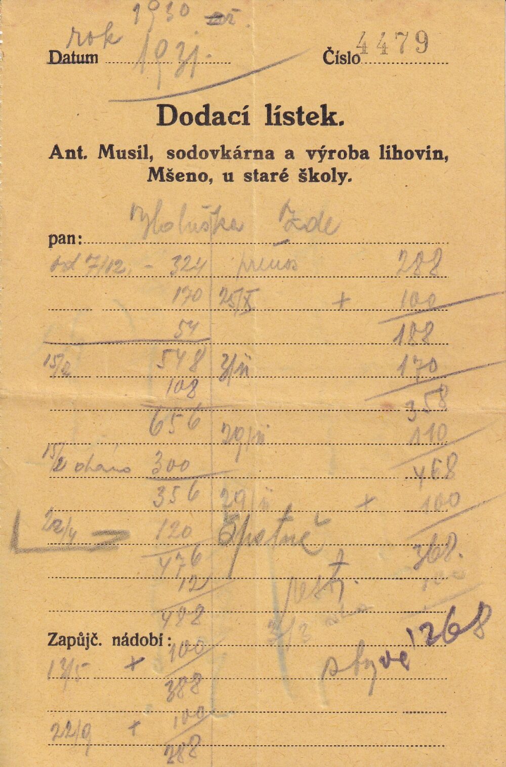 Účet, Výroba lihovin, Mšeno, 1931