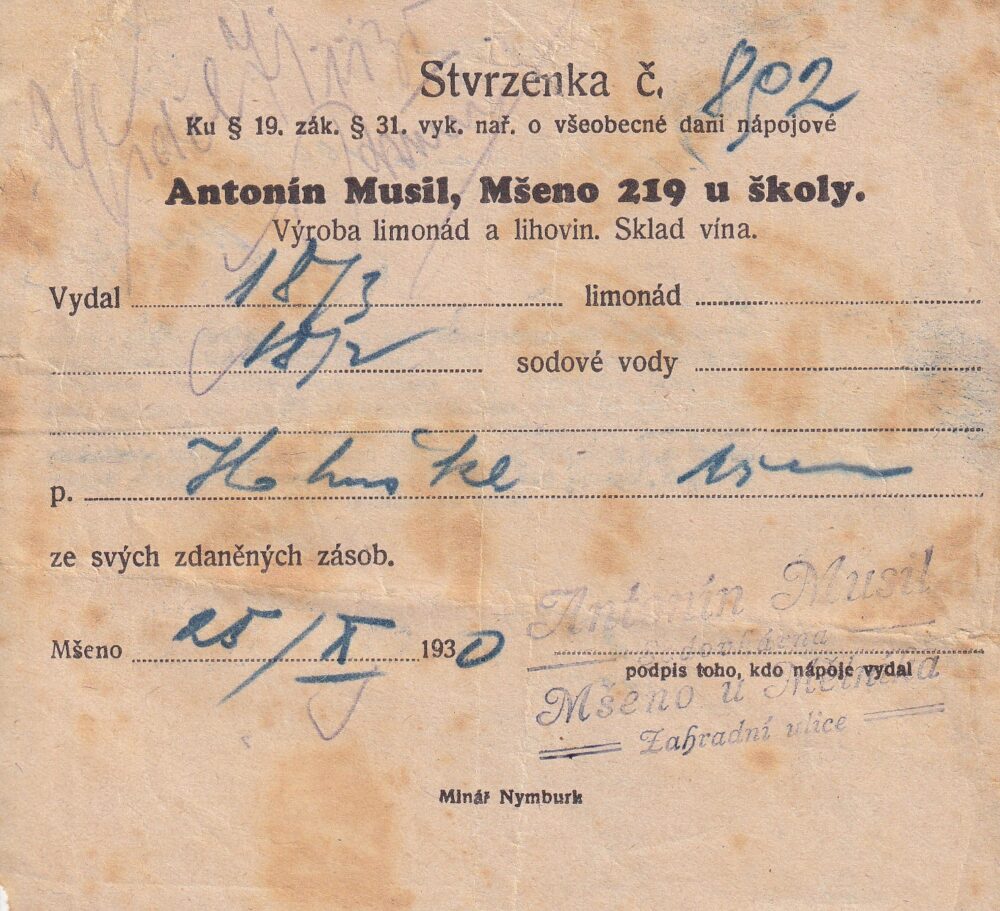 Účet, Výroba limonád a lihovin, Mšeno, 1930