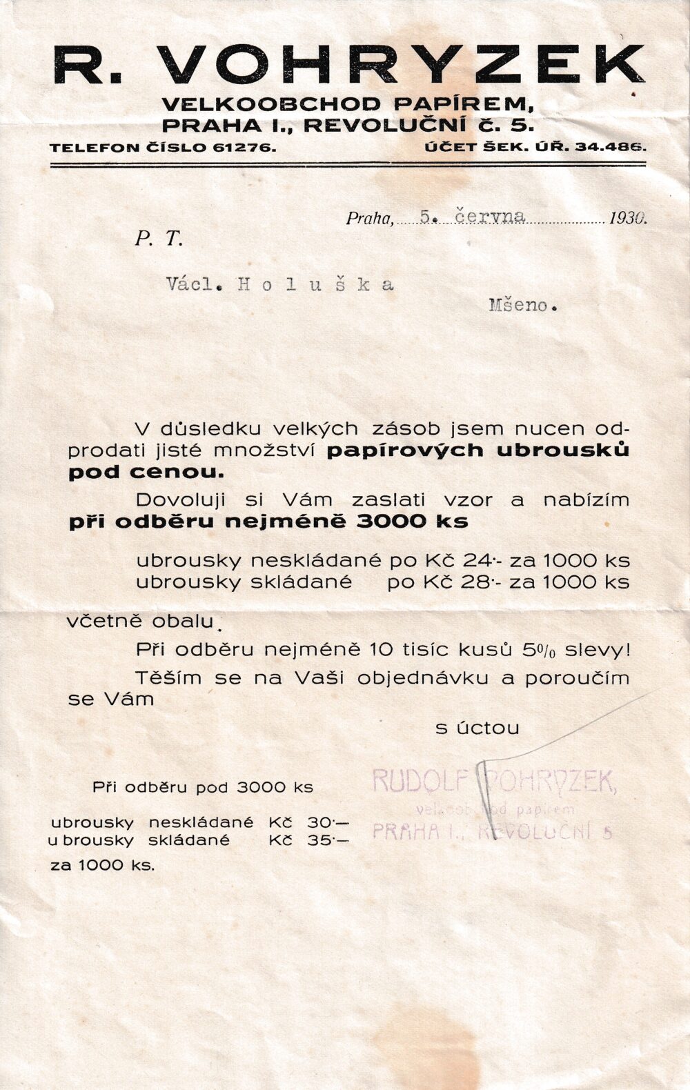 Účet, Velkoobchod papírem, Praha, 1930