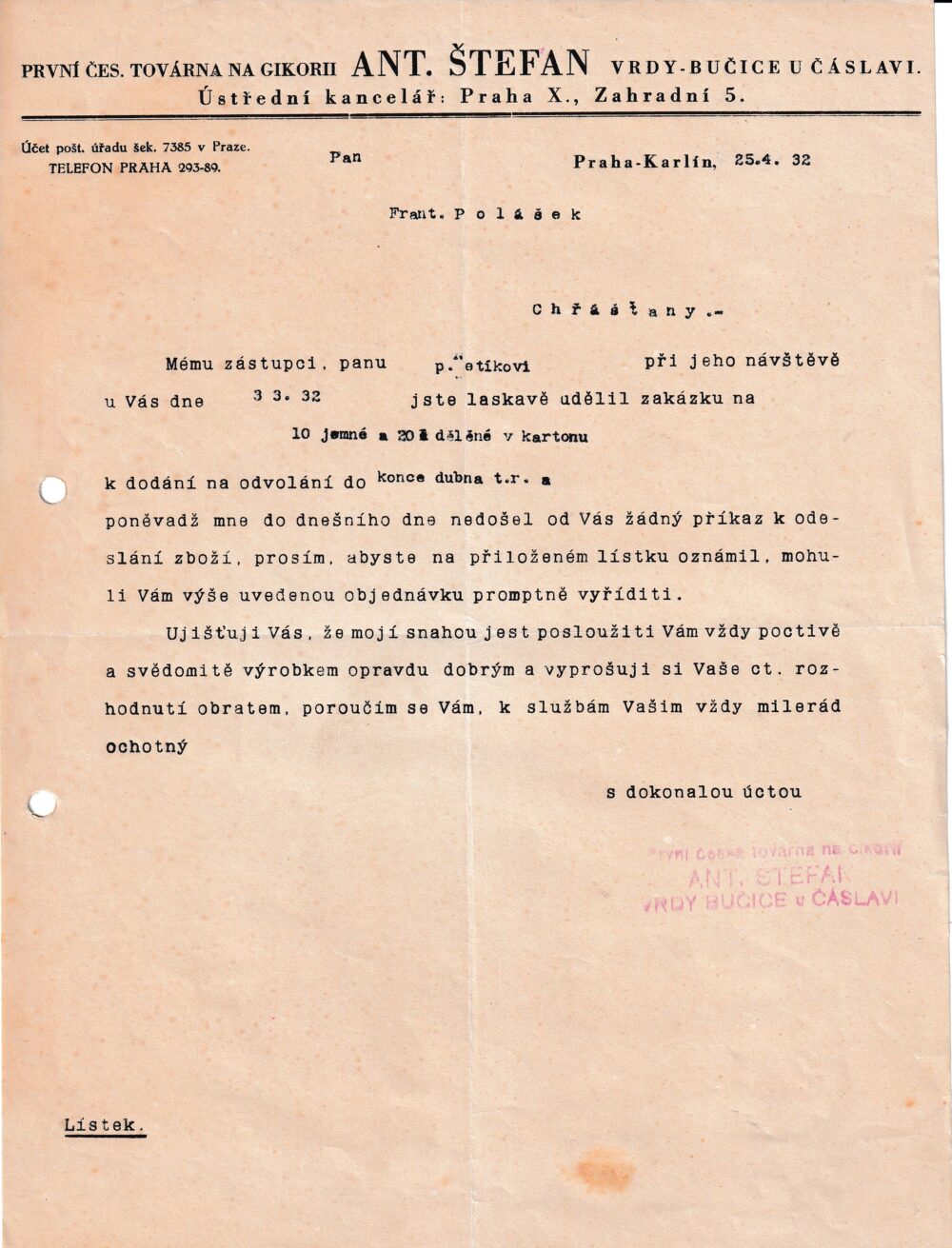 Účet, Továrna na cikorii, Praha, 1932