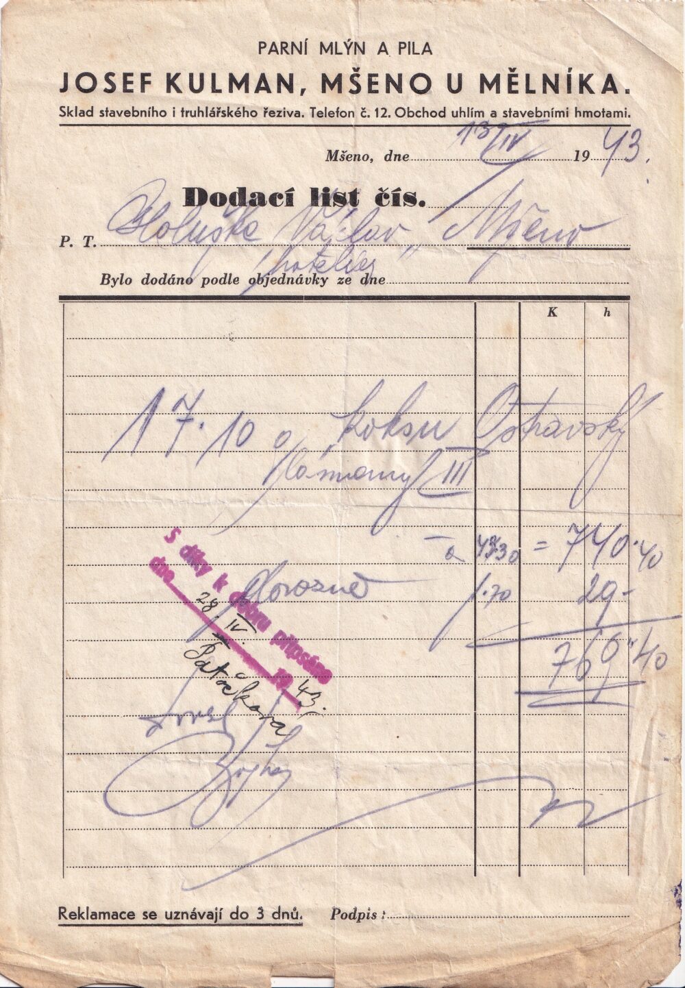 Účet, Parní mlýn a pila, Mšeno u Mělníka, 1943