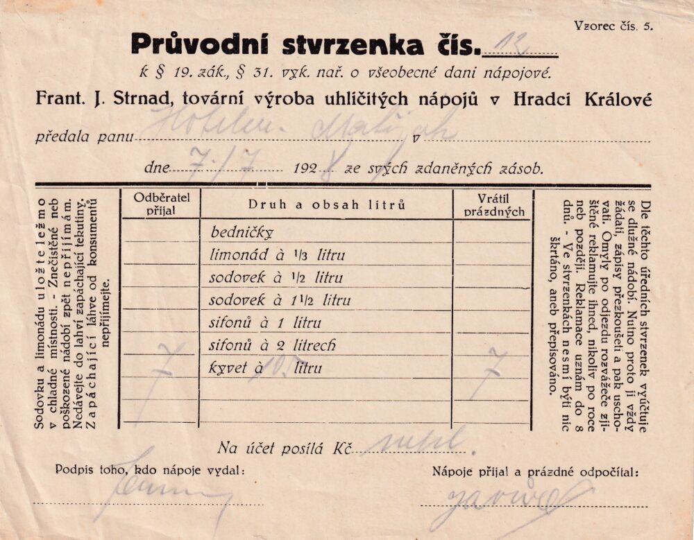 Účet, Výroba uhličitých nápojů, Hradec Králové