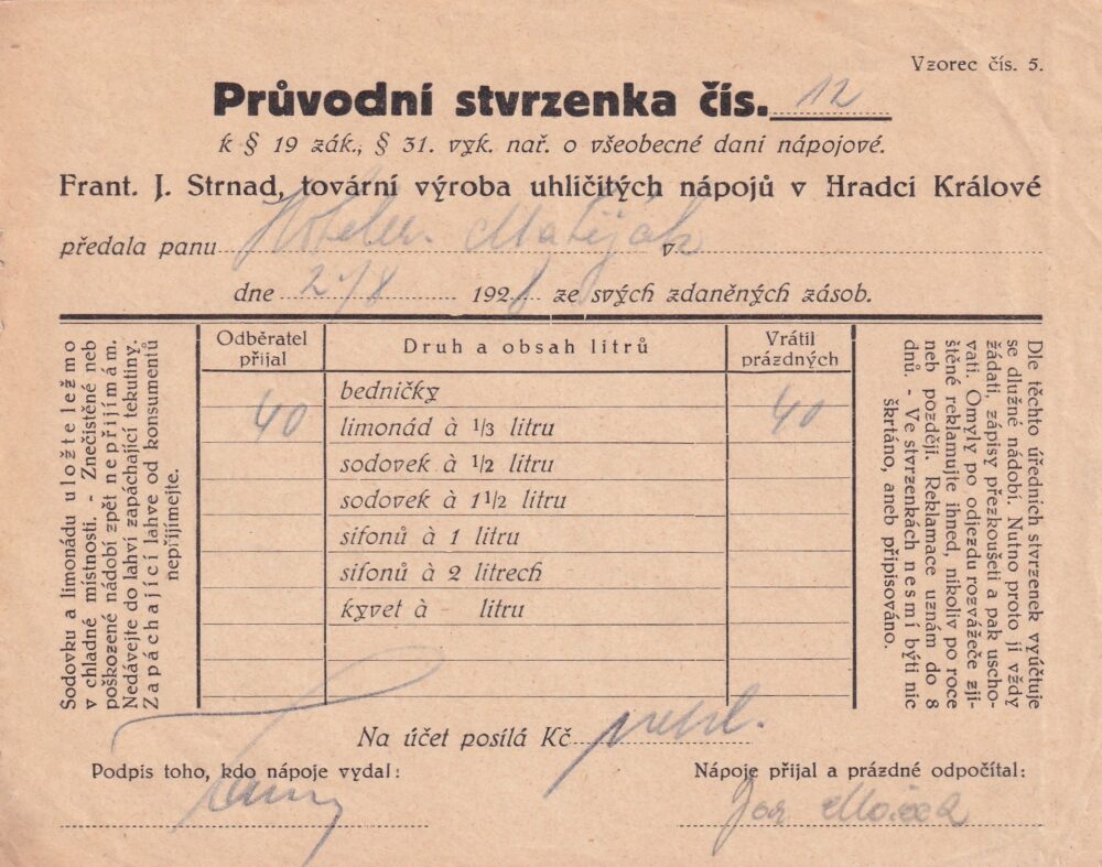 Účet, Výroba uhličitých nápojů, Hradec Králové