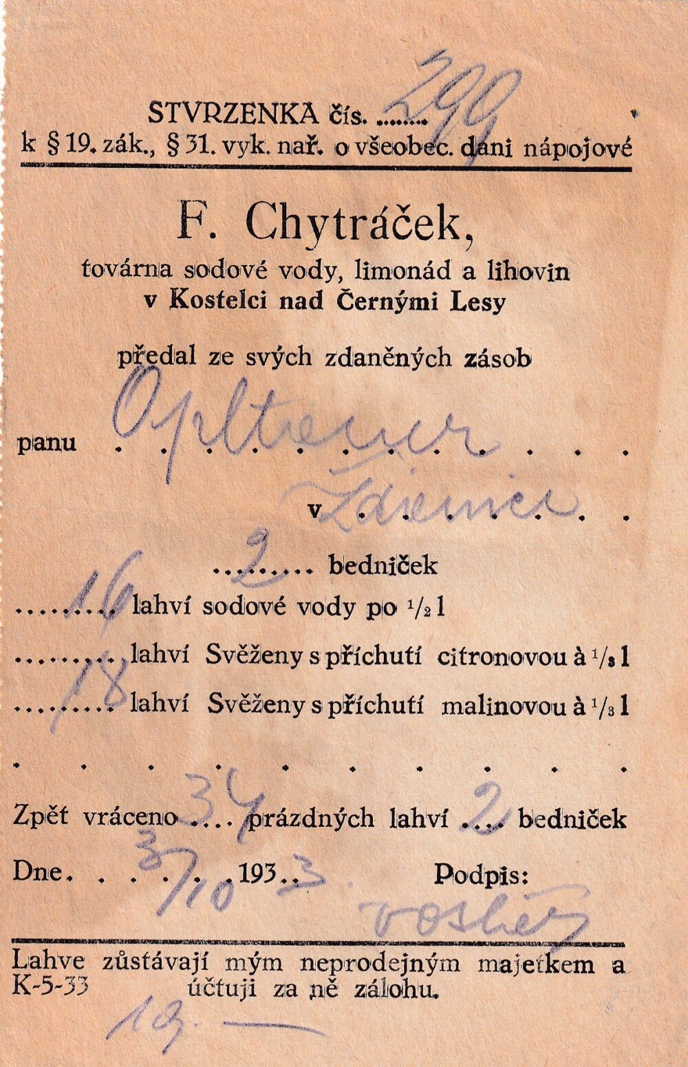 Účet, Sodová voda, limonády a lihoviny, 1933