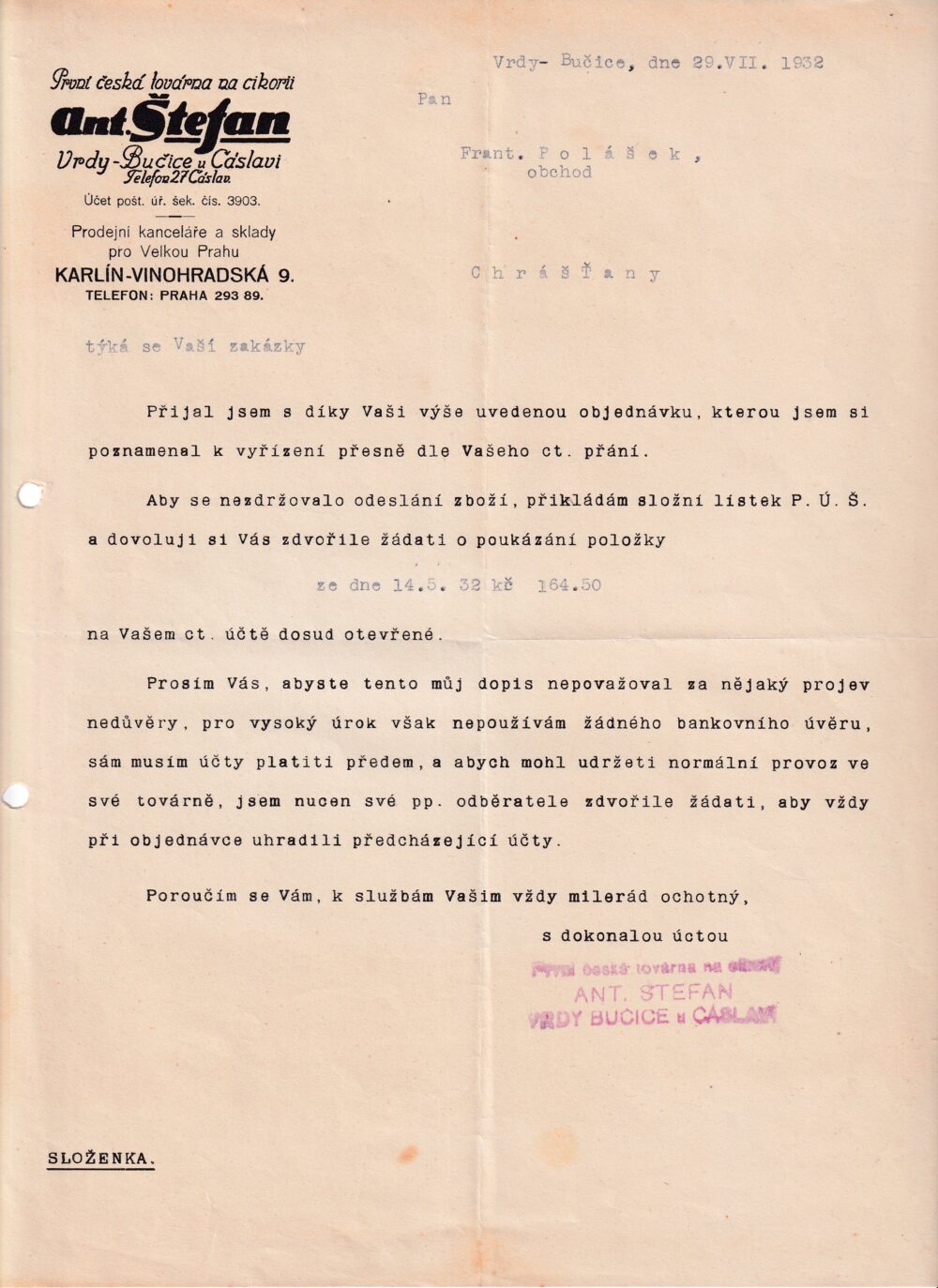 Účet, Továrna na cikorii, Vrdy-Bučice, 1932