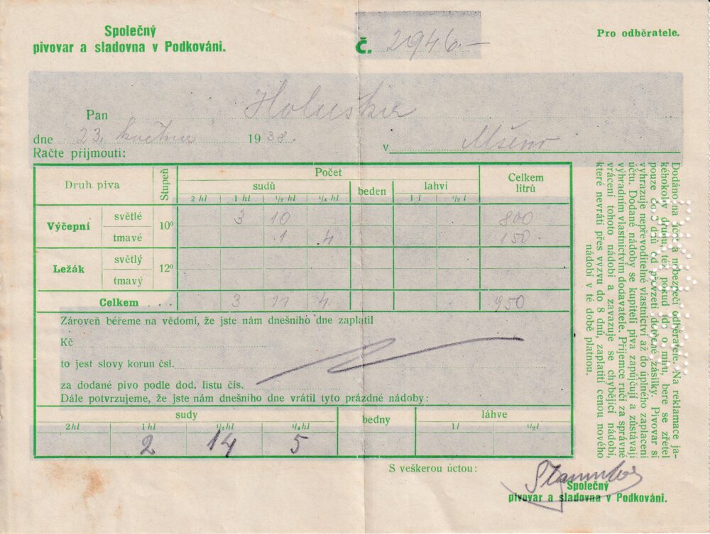 Účet, Pivovar a sladovna, v Podkování, 1938
