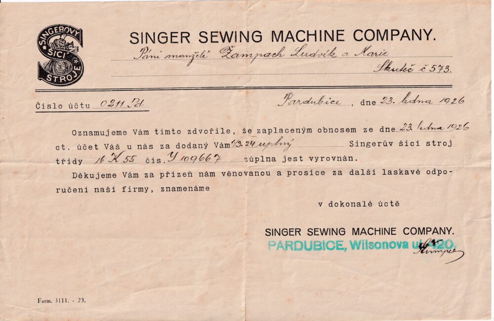 Účet, Šicí stroje Singer, Pardubice, 1926