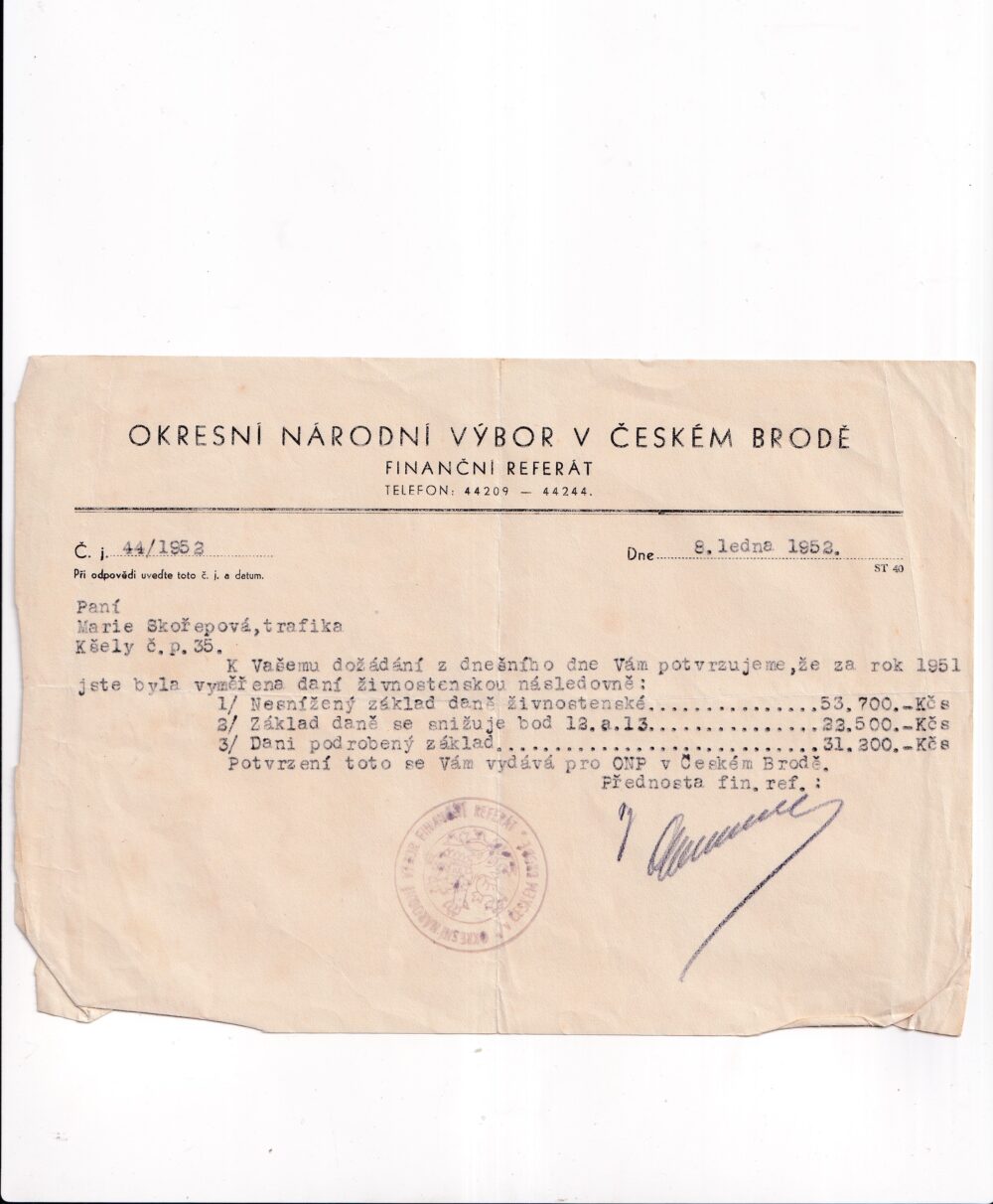 Účet, Okresní národní výbor, Č. Brod, 1952