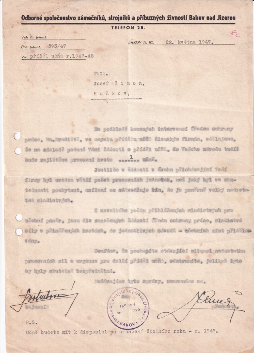 Účet, Příděl učňů, Bakov n. Jiz., 1947