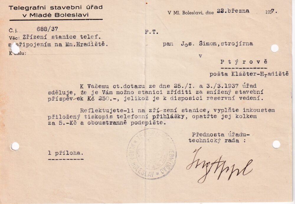 Účet, Telegrafní stavební úřad, M. Boleslav, 1937