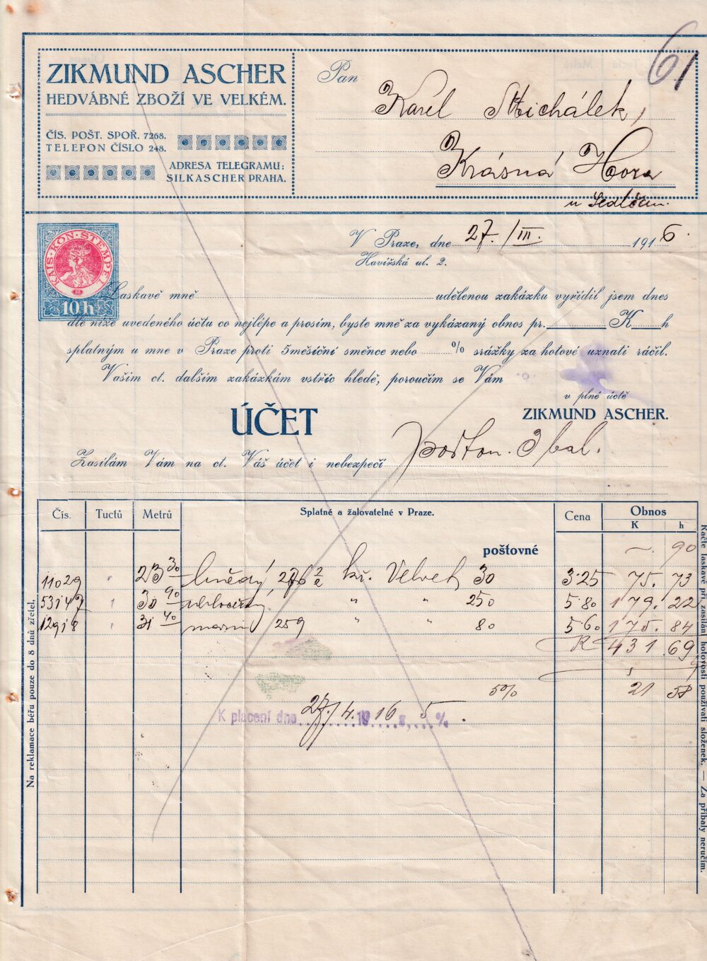 Účet, Hedvábné zboží, Praha, 1916