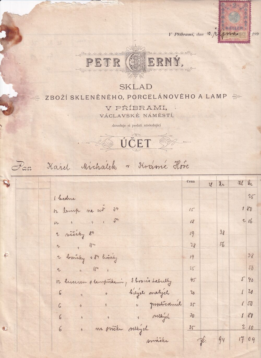 Účet, Sklo, porcelán, lampy, Příbram, 1898