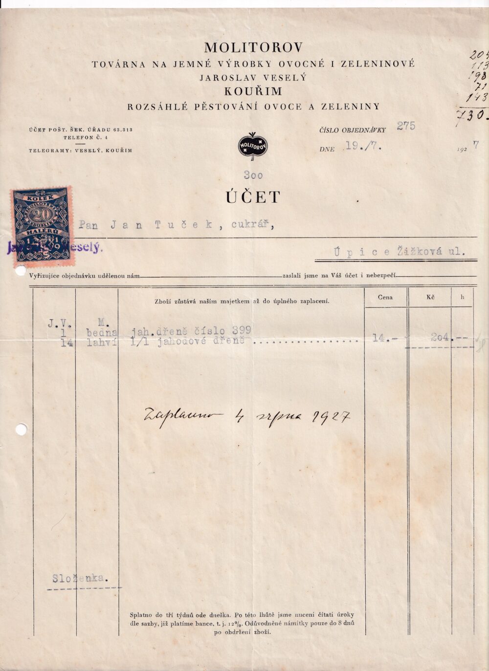 Účet, Jahodové dřeně, Úpice, 1927