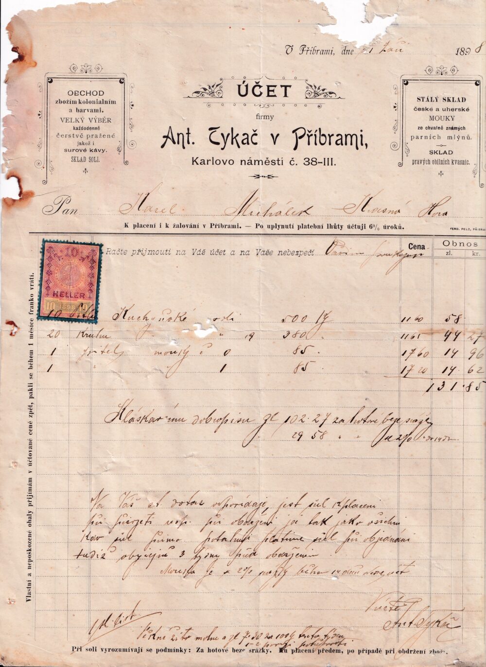 Účet, Koloniál a barvy, Příbram, 1898