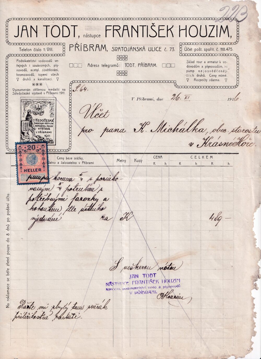 Účet, Vodo a plynovody, Příbram, 1916