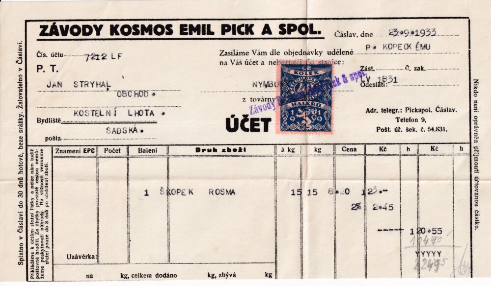 Účet, Závody Kosmos, Čáslav, 1933