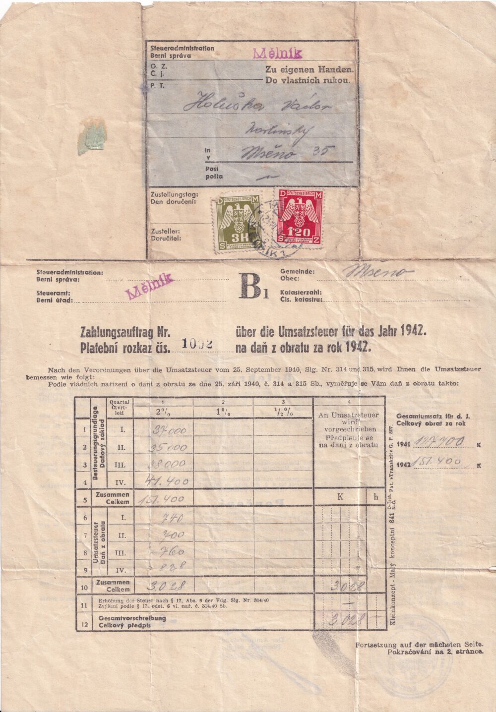 Účet, Platební rozkaz na daň z obratu, 1942