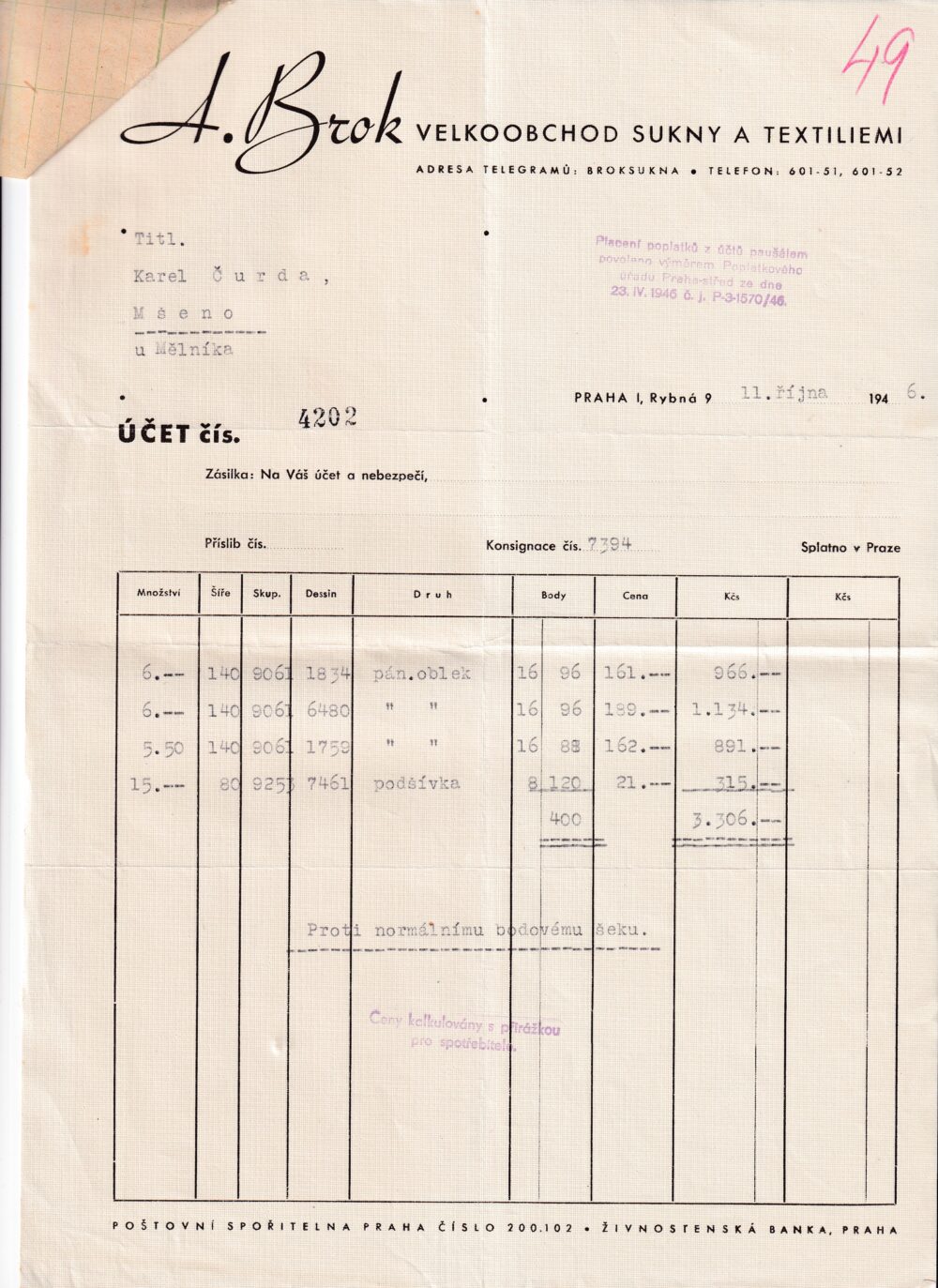 Účet, Velkoobchod sukna a textilie, Praha, 1946