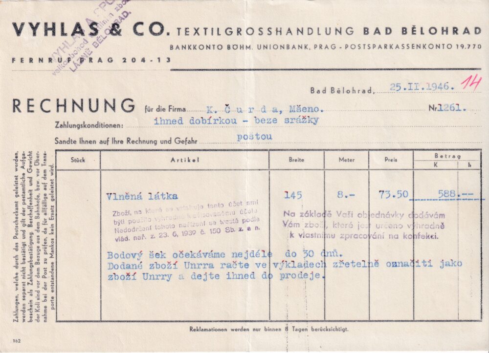 Účet, Velkoobchod textil, Lázně Bělohrad, 1946