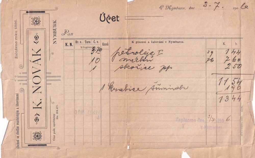 Účet, Zboží osadnické a lihoviny, Nymburk, 1906