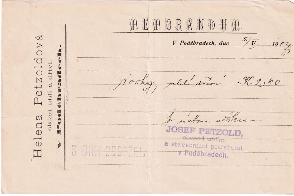 Účet, Sklad uhlí a dříví, Poděbrady, 1904