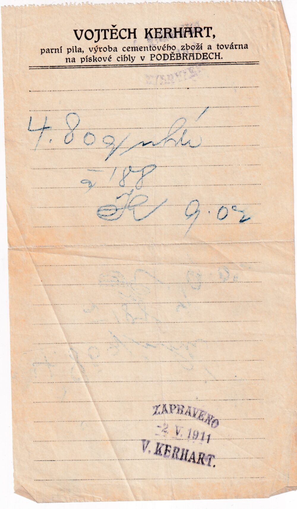 Účet, Parní pila, cement, písek, Poděbrady, 1911