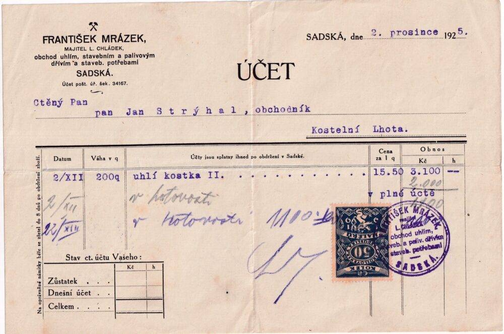 Účet, Stavební potřeby, uhlí a dříví, Sadská, 1925
