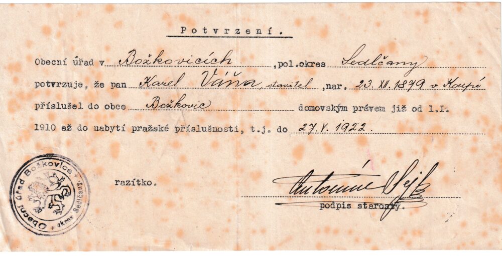 Účet, Obecní úřad Božkovice, Potvrzení do r. 1922