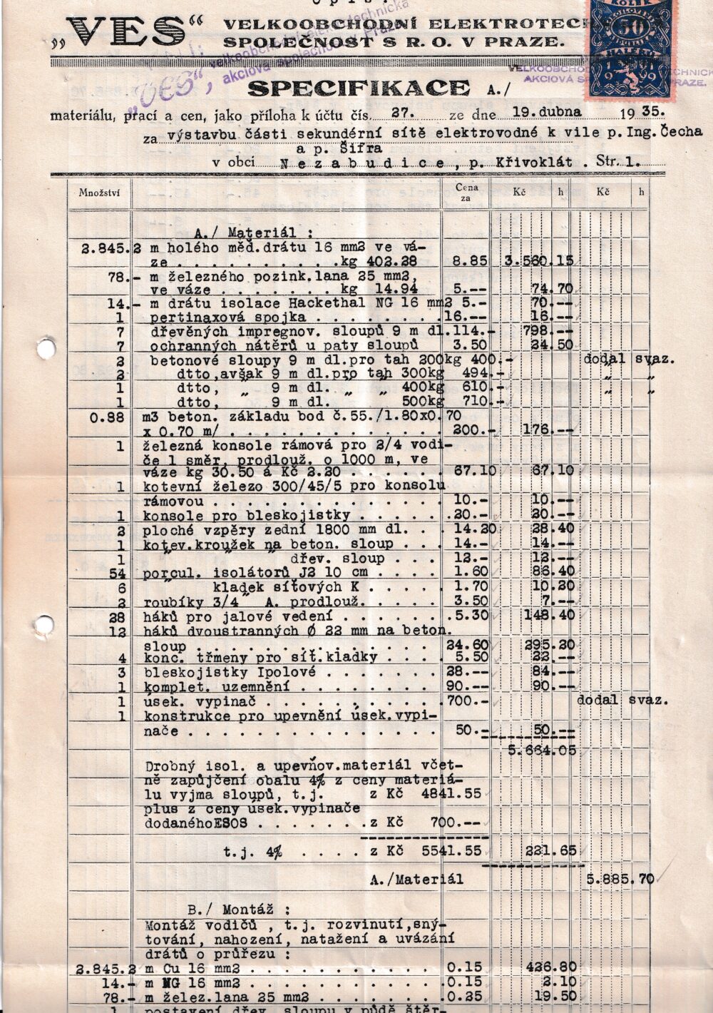 Účet, Elektrotechnika, VES, Praha, 1935