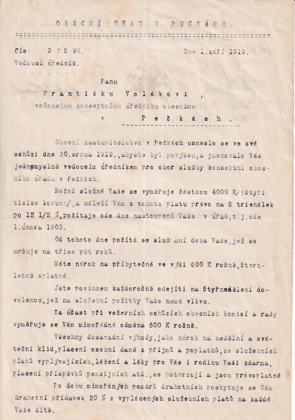 Účet, Obecní úřad, Pečky, 1919