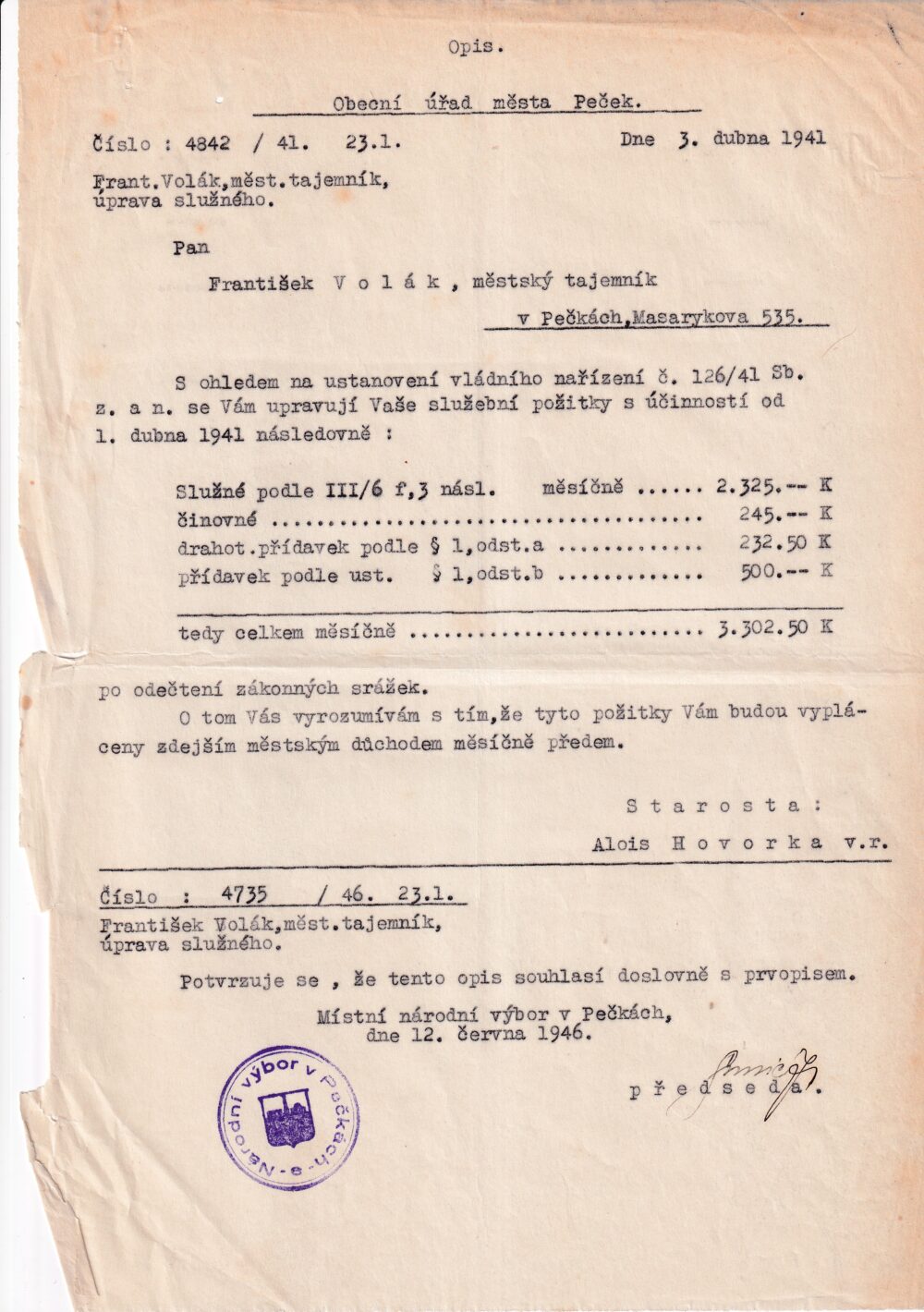 Účet, Obecní úřad, Pečky, 1941