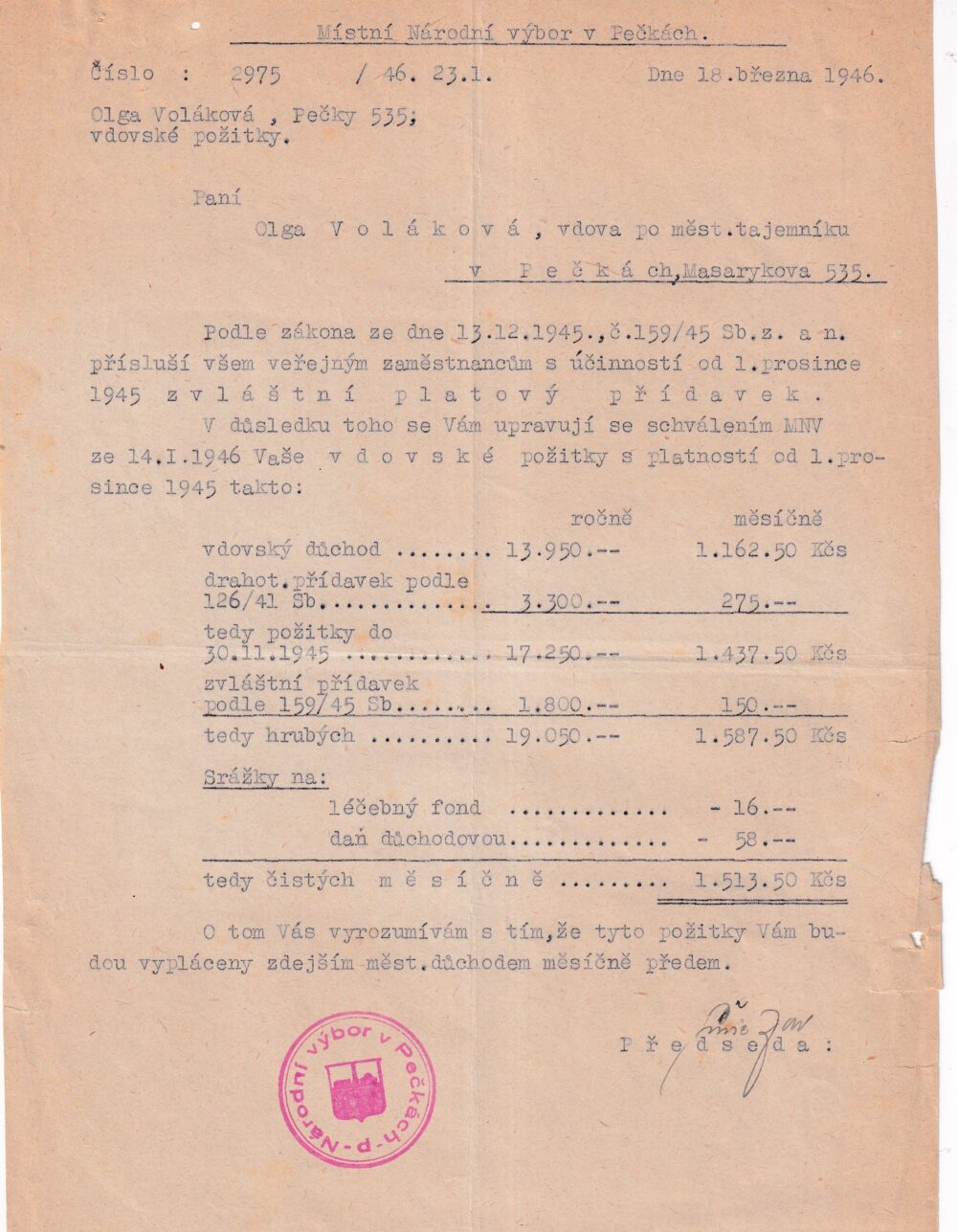 Účet, Místní národní výbor, Pečky, 1946